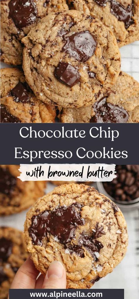 Brown Butter Dark Chocolate Chip Espresso Cookies Brown Butter Espresso Chocolate Chip Cookies, Brown Butter Espresso Cookies, Espresso Cookies, Oat Cookie Recipe, Instant Espresso, Homemade Shortbread, Dark Chocolate Chip Cookies, Fall Cookie Recipes, Dark Chocolate Recipes