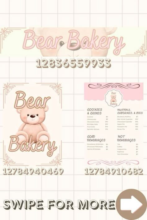 Ice Cream Sign Bloxburg Code, Bear Bakery Bloxburg, Bloxburg Cafe Decals Codes Pink, Bloxburg Cafe Decals, Cafe Decals, Bloxburg Wall Decals, Town Decals, Decal Codes For Bloxburg, Bloxburg Cafe