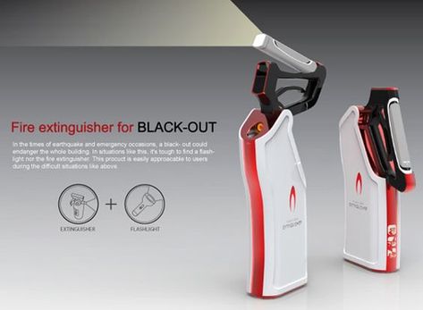 The Extinguisher For Black Out is a design that integrates a flashlight and fire extinguisher into the same body. I think the idea is superb; in an emergency, especially during a fire evacuation, you will need a flashlight and an extinguisher! In any case the flashlight is detachable, so this design makes complete sense. What do you think?: Fire Extinguisher Design, Emergency Equipment, Industrial Design Sketch, Fire Extinguishers, Natural Disaster, Safety Products, Chan Lee, Yanko Design, Fire Extinguisher