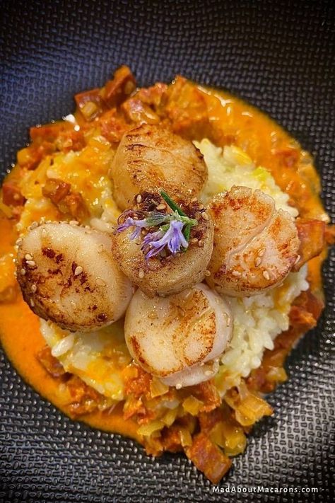 chorizo risotto prawns (shrimp) with seared scallops - an easy risotto with a kick to it served with a separate sauce all in 35 minutes #scalloprecipes #chorizo #chorizorisotto #risotto #easyentertaining Scallops With Chorizo, Prawn And Chorizo Risotto, Monkfish Stew, Scallops And Chorizo, Chorizo Risotto, Parisian Food, Tapas Ideas, Salmon Fish Cakes, Easy Risotto