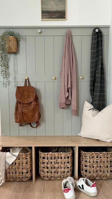 Floating Shoe Storage, Double Hook Mudroom, Diy Entry Bench And Hooks, Entryway Mirror And Coat Hook, Shiplap Wall Front Entrance, Flat Mudroom Wall, Shiplap Entryway With Bench, Entry Hallway Storage Ideas, Hallway Hooks And Storage