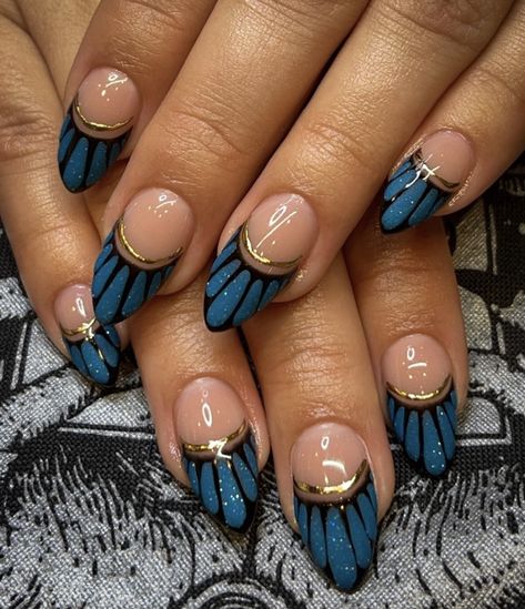 Art Nouveau Nails, Junk Nails, Deep Winter, Winter Nail Art, Winter Nail, Winter Nails, Blue Gold, Nail Ideas, Black Blue