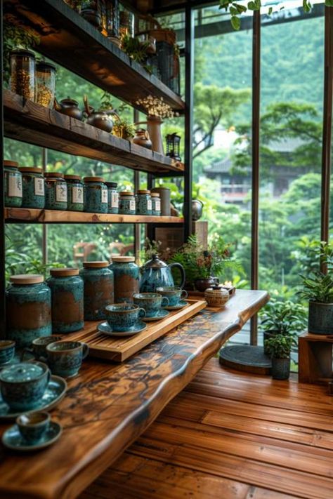 Self Serve Tea Bar, Apothecary Tea Bar, Japanese Tea Shop Aesthetic, Tea Shop Design Ideas, Tea Area In Kitchen, Teahouse Aesthetic, Home Tea Station, Tea Display Ideas, Tea House Aesthetic