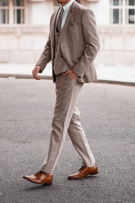 Men Suit Unique, Stone Suit Men Wedding, Tan Plaid Suit Men, Greige Groom Suit, Taupe Wedding Suits Groom, Father Of The Bride Beige Suit, Tan 3 Piece Suit Men, Plaid Suit For Men Wedding, Dark Beige Suit Men