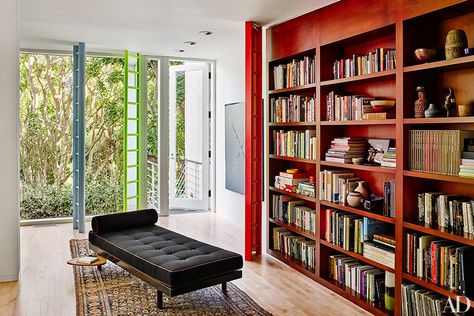 Contemporary Library, Library Room, Manhattan Apartment, Home Libraries, Los Angeles Homes, Moroccan Carpets, Home Library, Contemporary Home, Eames Lounge Chair