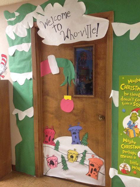 Grinch classroom door #grinch #whoville #classroom Grinch Door, Door Decorations Classroom Christmas, Holiday Door Decorations, Classroom Christmas Decorations, Diy Christmas Door, Christmas Door Decorating Contest, Christmas Classroom Door, Whoville Christmas, School Door Decorations