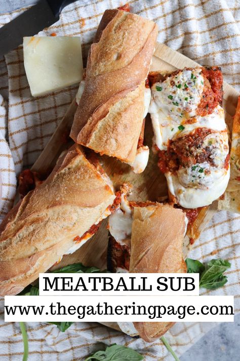 This meatball sub is packed with flavor! Homemade meatballs, tomato basil sauce, Pecorino Romano and mozzarella cheese, fresh basil, and homemade garlic butter all served on a Parisian baguette. Enjoy! Meatball Baguette, Meatball Sub Recipe, Butter Homemade, Baguette Sandwich, Homemade Garlic Butter, Meatball Sub, Meatball Sandwich, Best Meatballs, Tomato Basil Sauce