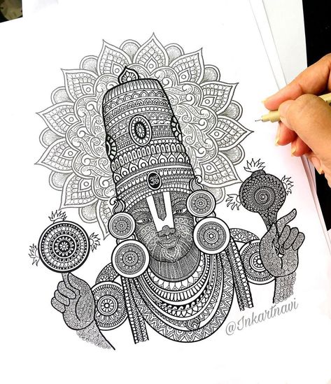 Govinda Mandala Art, Tirupati Balaji Mandala Art, Venkateswara Swamy Drawing Easy, Balaji Mandala Art, Kedarnath Mandala Art, Krishna Pen Drawing, Perumal Drawing, God Mandala Art, Mandala Arts