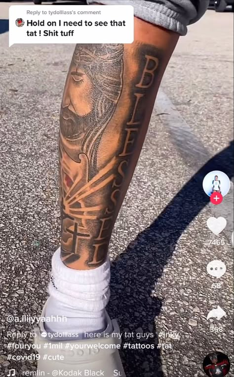 Blessed Leg Tattoo, Bible Verse Leg Tattoos For Men, Calf Sleeve Tattoo Men Calves, Side Calf Tattoo Men, Christian Leg Tattoo Men, Front Shin Tattoo Men, Calf Tattoo Men Ideas, Men's Leg Tattoos, Half Leg Tattoo Men Sleeve