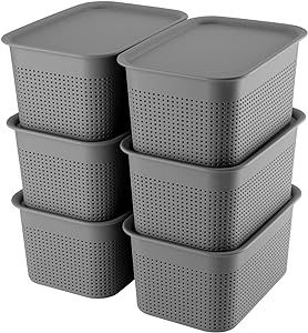 AREYZIN Plastic Storage Baskets With Lids Set of 6 Lidded Storage Organizer Bins Containers Baskets for Organizing Shelves Desktop Closet Playroom Classroom Office, 10.6X7.5X5.1 Inches, Grey Closet Playroom, Organizing Shelves, Baskets With Lids, Playroom Classroom, Storage Baskets With Lids, Organizer Bins, Stackable Storage Bins, Lidded Baskets, Toy Storage Organization