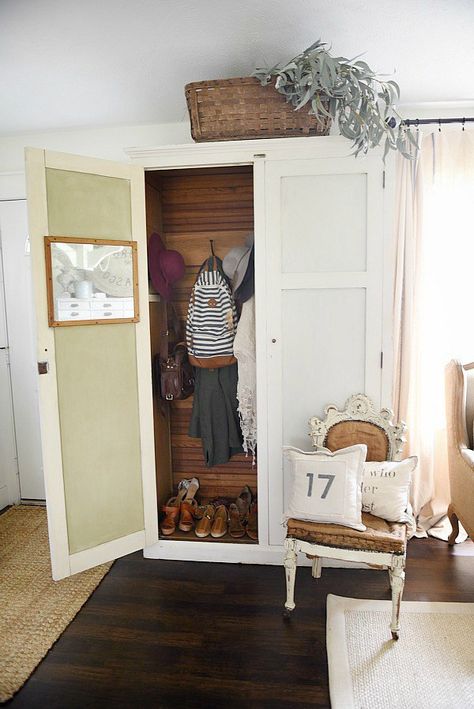 Entryway armoire - a great way to add storage to an entryway. If the closet is too small or if there isn't a closet an armoire adds amazing storage that you can hide away the mess! Entry Armoire, Entryway Armoire, Armoire Repurpose, Tiny Entryway, Armoire Diy, Armoire Makeover, Armoire Storage, Entryway Closet, Antique Wardrobe