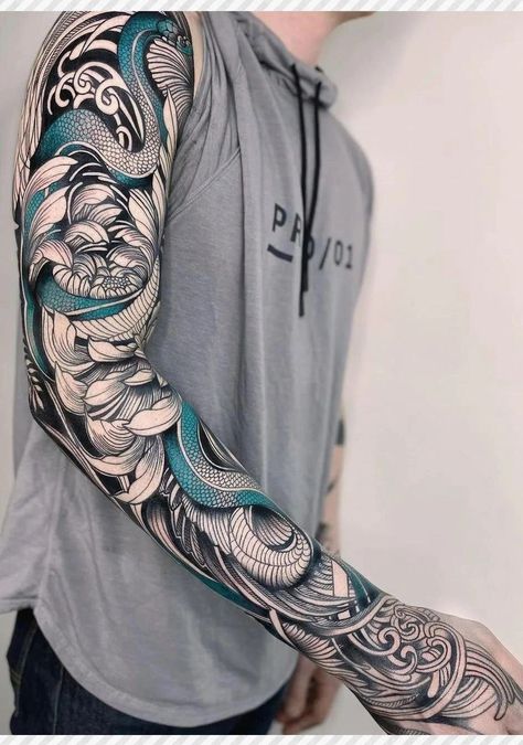 Japanese Arm Sleeve Tattoo, Japanese Arm Sleeve, Tattoo Colors, Arm Sleeve Tattoo, Full Sleeve Tattoo Design, Blackout Tattoo, Manga Tattoo, Full Arm Tattoos, Blue Tattoo