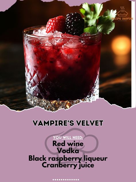 🩸🍷 Indulge in the dark allure of Vampire’s Velvet—a blood-red blend perfect for a spooky night! 🕸️👻 #VampiresVelvet #HalloweenDrinks Vampire's Velvet Ingredients: Red wine (2 oz) Vodka (1 oz) Black raspberry liqueur (1/2 oz) Cranberry juice (2 oz) Ice cubes (as needed) Fresh raspberries (for garnish) Instructions: In a shaker, combine red wine, vodka, black raspberry liqueur, and cranberry juice with ice. Shake well and strain into a chilled glass. Garnish with fresh raspberries. Sip the ... Vampire Alcoholic Drinks, Vampire Drinks Alcohol, Vampire Cocktails, Crow Party, Alcoholic Milkshake, Ultimate Cookie Recipe, Red Wine Cocktails, Blackberry Drinks, Raspberry Cocktail