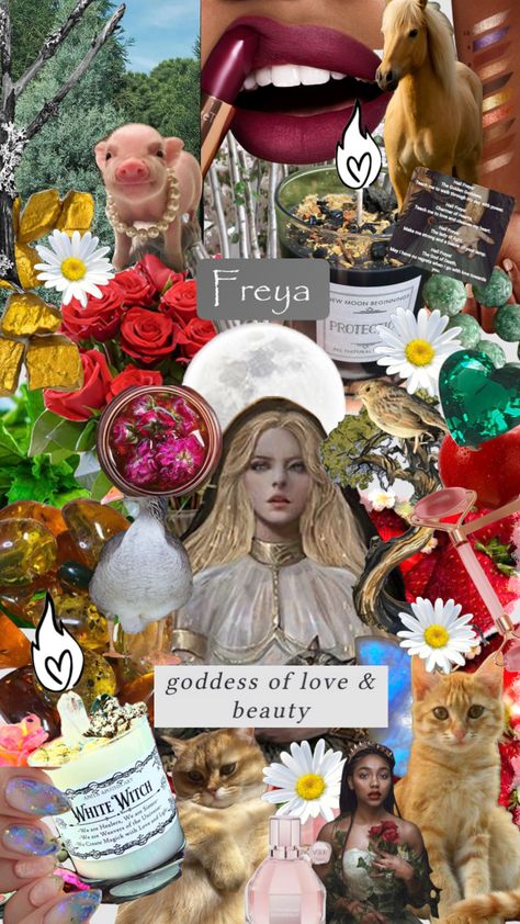 Digital alter for goddess freya #freya #love #beauty #war #cats #roses #amber #jade #cypress #goddess #asgard #norse #horse #mint #strawberry Freya Core Aesthetic, Goddess Freya, Age Of Mythology, Dream Core, Norse Goddess, White Witch, Goddess Of Love, + Core + Aesthetic, Cat Jewelry