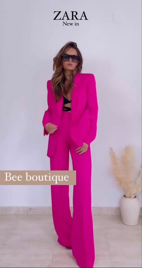 #zara #hotpink #blazerstyle #pants #pink Zara Pink Pants Outfit, Hot Pink Pant Suit Women, Fushia Suit Women Outfit, Zara Pink Pants, Pink Zara Suit, Chic Pink Zara Pantsuit, Pink Single-breasted Pantsuit For Office, Pantsuit Outfit, Pink Pants Outfit