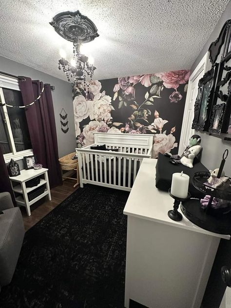 Gothic Baby Nursery, Floral Accent Wall, Gothic Nursery, Dark Nursery, Nursery Floral, Nursery Accent Wall, Gothic Baby, Baby Nursery Inspiration, Gothic Bedroom