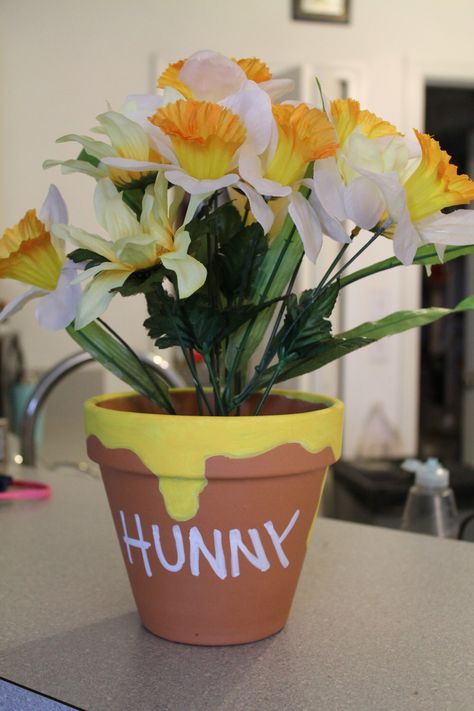 Winnie the Pooh Honey Pot Centerpiece, Hunny pot by FritterFinds on Etsy https://www.etsy.com/listing/191749876/winnie-the-pooh-honey-pot-centerpiece Honey Pot Centerpieces, Winnie The Pooh Honey Pot, Pooh Honey Pot, Hunny Pot, Winnie The Pooh Honey, Pooh Party, Winnie The Pooh Birthday, Party Centerpiece, Trunk Or Treat