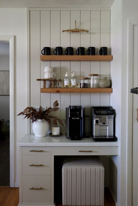 Small Dining Room Coffee Bar, Kitchen Desk Into Coffee Bar, Kitchen Desk Coffee Bar, Desk Into Coffee Bar, Coffee Corner In Living Room, Minimalist Coffee Bar, Pantry Coffee Bar, Instagram Story Coffee, Coffee Pantry