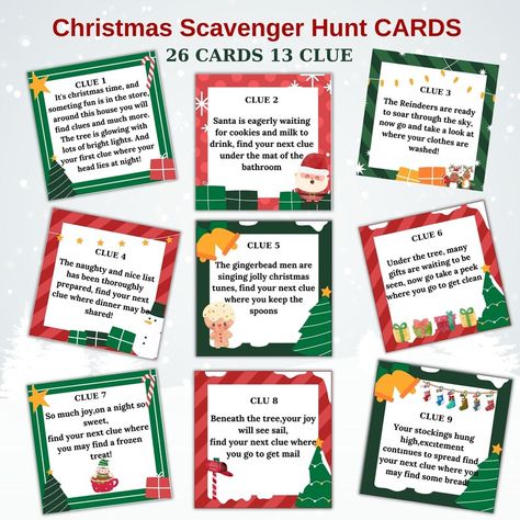 Christmas Neighborhood Scavenger Hunt, Elf Treasure Hunt Clues, Christmas Treasure Hunt Clues For Teens, Christmas Clues To Find Presents, Christmas Riddles For Scavenger Hunt, Christmas Treasure Hunt For Adults, Indoor Christmas Scavenger Hunt For Kids, Scavenger Hunt For Christmas Presents, Hard Scavenger Hunt Riddles