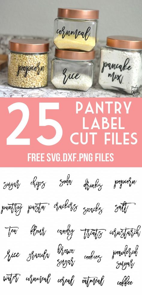 Pantry Labels - free cut files for Silhouette and Cricut. Get your pantry organized. Pantry Labels Printable, Diy Pantry Labels, Free Pantry Labels, Kitchen Labels, Diy Labels, Spice Labels, Diy Pantry, Cricut Projects Beginner, Free Labels