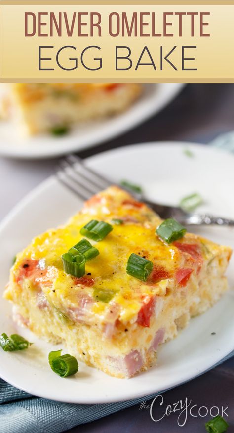 Denver omelette with ham, peppers, and topped with green onions Western Omelette Bake, Bridal Shower Egg Bake, Western Egg Bake, Ham And Veggie Egg Bake, Baked Cheese Omelette, Baked Eggs With Ham, Baked Egg Dishes Breakfast, Baked Eggs With Onions And Cheese, Ham And Potato Egg Bake