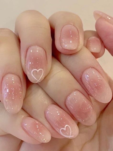 Short Round Korean Nails, Korean Nails No Charms, Pretty Soft Nails, Nail Art Designs Korean Style, Simple Nail Designs Korean, Cute Nails Aesthetic Korean, Blush Nails With Heart, Short Nail Designs Cute Korean, Blush Nails Korean Pink