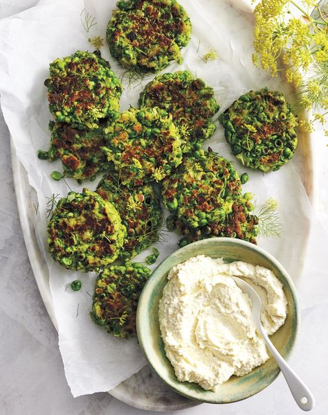 Spring Pea Fritters with Whipped Feta Recipe - PureWow Lamb Side Dishes, Pea Fritters, Fish Chowder, Spring Peas, Feta Recipes, Simple Green Salad, Herb Sauce, Whipped Feta, Finger Foods Easy