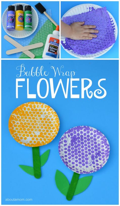 Fun springtime flower craft for kids using paper plates & bubble wrap. Flower Activities For Toddlers, Bubble Wrap Crafts, Flower Activities, Preschool Spring, May Crafts, Spring Preschool, Spring Crafts For Kids, Flower Craft, Daycare Crafts