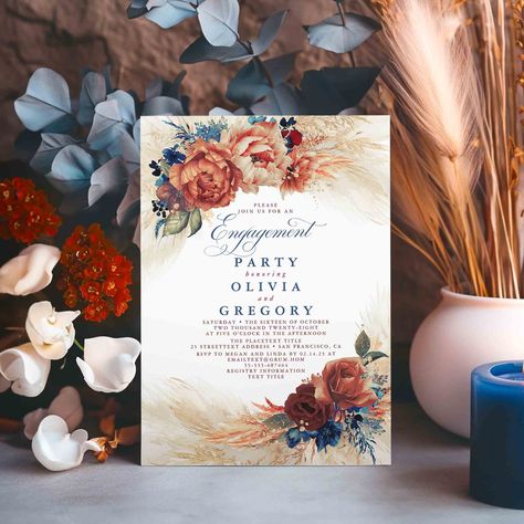 Copper Wedding Theme, Navy Blue Shades, Navy Blue Terracotta, Elegant Engagement Party, Blue Terracotta, Retro Wedding Invitations, Copper Wedding, Shade Flowers, Wedding Party Supplies