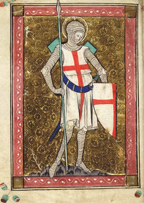 9. Late Middle age illustration showing a knight's usually dress of a chain mail tunic with attached hood as well as surcote with family insignia on both the surcote and his shield. Along with chain mail tunic the knight is wearing similar hose. Medieval England, Crusader Knight, Military Orders, Medieval Ages, Late Middle Ages, Historical Artwork, Medieval Manuscript, Knight Art, Illuminated Manuscripts