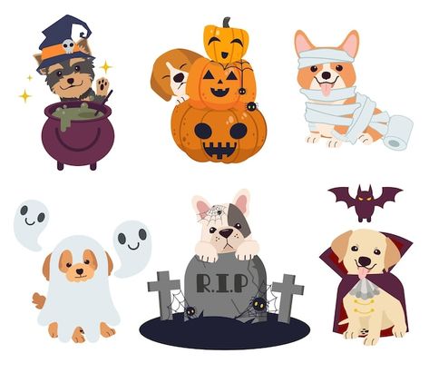 The collection of dogs with halloween th... | Premium Vector #Freepik #vector #witch-hat #halloween-cartoon #halloween-hat #halloween-witch Dog In Costume Drawing, Dog Halloween Drawing, Halloween Dogs Art, Halloween Dogs Wallpaper, Halloween Dog Illustration, Halloween Dog Drawing, Witches Hat Doodle, Animals In Halloween Costumes, Bruja Halloween