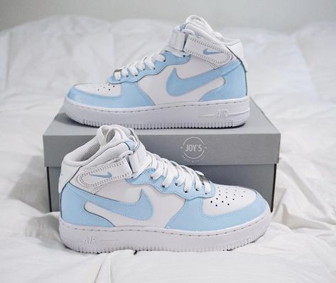 Blue Custom Air Force 1, High Top Nikes, Light Blue Sneakers, Baby Blue Shoes, Air Force 1 High Tops, Blue High Tops, Nike Shoes Air Force, Preppy Shoes, Custom Air Force 1