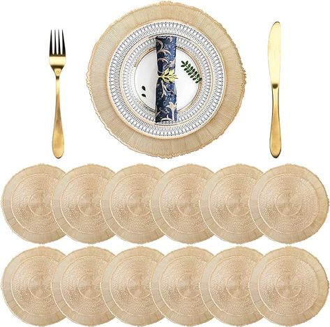 Yarlung 12 Pack Round Pressed Vinyl Placemats, 15 Inch Non-Slip Metallic Gold Table Decor Mat Hollow Out Laminated Place Mats for Wedding Accent Dining Table Centerpiece Christmas Decor Wedding, White Charger Plates, Gold Table Decor, Vinyl Placemats, White Charger, Plaid Napkins, Decor Color Schemes, Metallic Gold Color, Dining Table Centerpiece