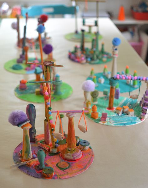 Kids love making wooden sculptures with the prompt "Imaginary Playgrounds", a wonderful process art idea. Process Art Elementary, Kids Process Art, Stem Art Projects, Process Art For Kids, Classe D'art, 3d Art Projects, Sculpture Projects, Homeschool Art, Kindergarten Art