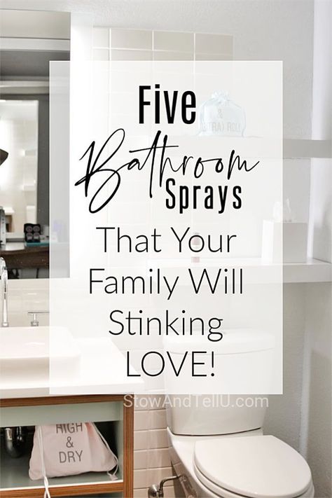 5 bathroom air fresheners that quickly absorb and eliminate odor instead of just trying to cover it up with sweet or fruity selling sprays.  Your Family Will Love any one of these odor neutralizing sprays and be grateful you have one sitting on the counter to spritz into the air as needed | Stow&TellU | #bathroom #air #freshener #spray #deodorizer #odor #eliminator #neutralizer #fresh #scent #smell Bathroom Air Freshener, Bathroom Freshener, Air Freshener Essential Oils, Air Freshener Spray, Bathroom Spray, Bathroom Odor, Natural Air Freshener, Sandalwood Essential Oil, Bathroom Smells