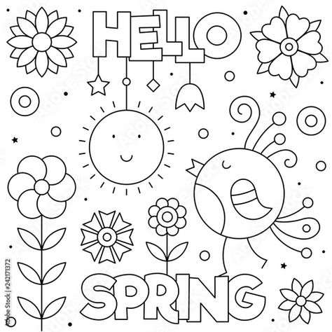 Stock Image: Hello Spring. Coloring page. Black and white vector illustration. Spring Coloring Sheets, Spring Preschool Activities, Super Coloring Pages, Spring Drawing, Spring Printables, Spring Coloring Pages, Summer Coloring Pages, Spring Preschool, Free Coloring Sheets