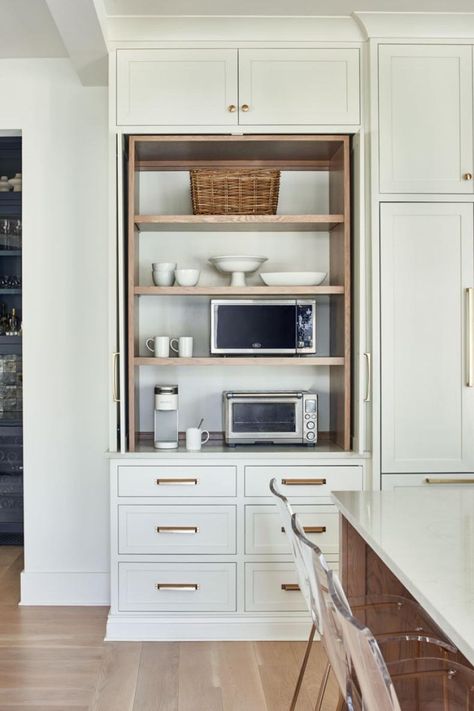 Neutral Kitchen With Appliance Cabinet Appliance Nook, Monochromatic Kitchen, Baking Center, Appliance Storage, Clutter Free Kitchen, Kitchen Vibes, Kitchen Appliance Storage, Appliance Cabinet, Small Modern Kitchen