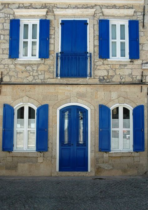 (via Alacati blues, a photo from Izmir, Aegean | TrekEarth)  Alacati, Turkey Blue Window Frames, Alacati Turkey, Mary Of Nazareth, Cordwood Homes, Blue Window, Blue Doors, Aegean Blue, Blue Shutters, Blue Things