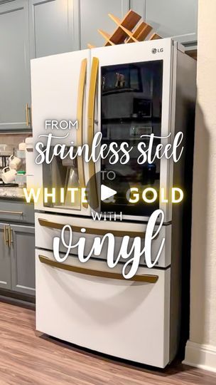 162K views · 1.5K reactions | Still not over this appliance transformation 🤩 Vinyl update — the dishwasher was my “practice” appliance. The white is still intact, but the steam from running the dishwasher caused a small corner of the gold to peel because I cut the vinyl too short where I tucked it in the seam. Tip — leave enough excess vinyl when you tuck into crevices and don’t trim too close to the edge 👍🏽 The fridge and stove still look amazing 👌🏽 What colors would you try in your kitchen? Comment “VINYL” for links to all my materials! ✂️Check out my highlights for the full process on how I wrapped our dishwasher, stove, & fridge to achieve this high end look 🤩#JonelleLovesDIY #kitchenrefresh #kitchenglowup #vinyl #vinylwrap #dupe #diydupe #diyhack | Jonelle Love | Jonelle Love · Appliance Wraps Kitchens, Vinyl Wrapped Appliances, How To Paint Stainless Steel Appliances, Vinyl Wrap Stove, Vinyl Wrap Kitchen Appliances, Painting A Stainless Steel Fridge, Wrapped Refrigerator, Appliance Wraps, Appliance Vinyl Wrap