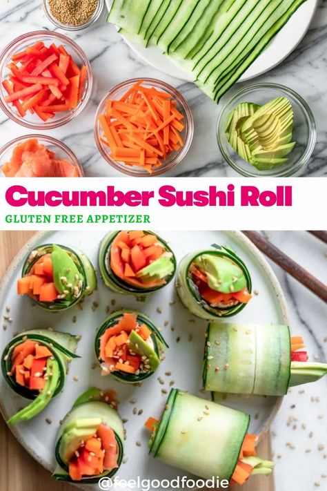 Healthy Bride, Cucumber Sushi Rolls, Veggie Rolls, Cucumber Sushi, Whole30 Diet, Sushi Recipes Homemade, Sushi Roll Recipes, Gluten Free Appetizers, Cucumber Sandwiches