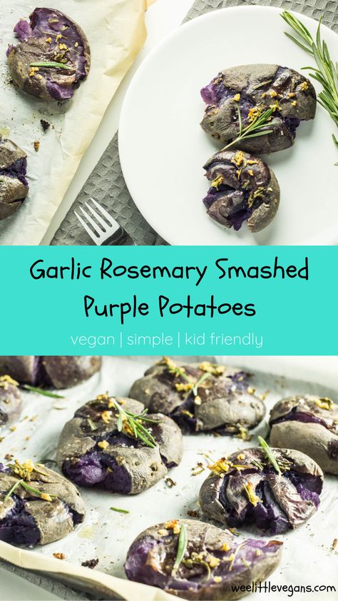 Mini Purple Potatoes Recipe, Smashed Purple Potatoes, Purple Potato Recipe, Purple Potatoes Recipe, Purple Potato Recipes, Vegan Apps, Rosemary Recipes, Smashed Potatoes Recipe, Savory Sides