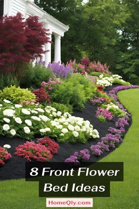 Transform your front yard into a floral oasis with these 8 enchanting flower bed ideas! Whether you prefer cottage garden charm or modern elegance, find inspiration to create a sanctuary of beauty and tranquility. Get ready to escape into a world of blooming wonder right outside your door! #FloralOasis #FrontYardGarden #GardenDesign Zone 8 Landscaping Front Yards, Frontyard Landscape Layout Full Sun, Front Bed Landscaping Ideas, Acre Landscaping, Front Flower Garden, Blooming Backyard, Front Garden Landscaping Ideas, Front Yard Flower Garden, Front Flower Bed Ideas