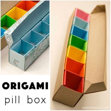 Origami Pill Box / Organizer Video Tutorial, Learn how to make a pretty and useful origami pill box with 7 sections for each day of the week, you could use this to organise beads, pins, loom bands, gems and other small items! Diy Origami Box, Origami Kutu, Diy Origami Home, Diy Origami Home Decor, Origami Home Decor, Pill Box Organizer, Tutorial Origami, Origami Ball, Origami Decoration