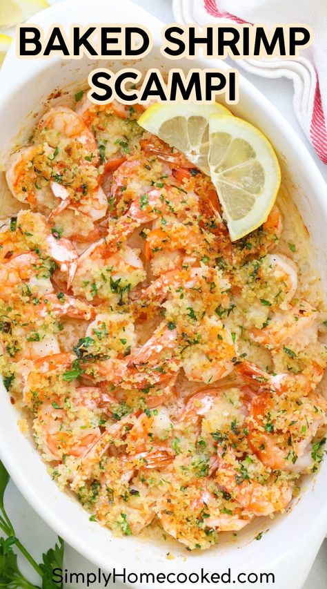 This Baked Shrimp Scampi is full of flavor and so easy to make. Flavored by fresh lemon, crisp white wine, and topped with crunchy breadcrumbs, this dish is irresistible. Baked Shrimp Dishes, Baked Garlic Shrimp Scampi, Shrimp Scampi Breadcrumbs, Parmesan Crusted Shrimp Scampi, Shrimp Scampi With Bread Crumbs, Oven Shrimp Scampi Recipe, Ina Garden Baked Shrimp Scampi, One Pan Shrimp Scampi, Shrimp Scampi For A Crowd