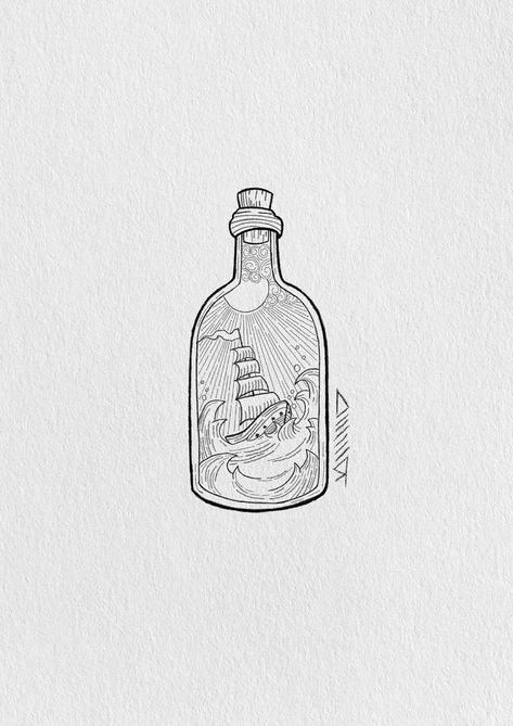 #tattoo #tattooideas #tattooart #tattoosforwomen #tattoodesign #art #artist #artwork #artistsoninstagram #artoftheday #sea #ship #bottle #ideas #tattoolover #tattoolife #tattooideasformen Small Bottle Tattoo, Beach In A Bottle Tattoo, Ocean In A Bottle Tattoo, Ink Bottle Drawing, Glass Bottle Tattoo, Seaside Tattoo, Ship In A Bottle Tattoo, In A Bottle Tattoo, Ship Bottle