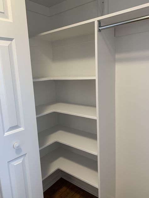 In Closet Shelves, Small California Closets, Coat Closet Pantry Combo, L Shaped Master Closet Walk In, Reach In Closet With Deep Sides, Corner Shelves In Closet, Bedroom Closet Design Layout, Reach In Closet Ideas With Sliding Doors, Corner Shelves Closet