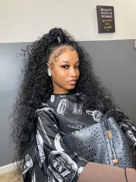 Edges Hairstyles Half Up Half Down, Half Up Half Down Wet Curly Hair, Half Up Half Down Hair With Curly Hair, Wet N Wavy Half Up Half Down, Half Up Half Down Dramatic Edges, Dramatic Soft Edges, Dramatic Edges Ponytail, High Up Half Down Hair, Curly Half Up Half Down Ponytail