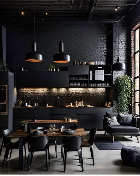 Black Cabinetry, Modern Industrial Kitchen, Faux Brick Panels, Серая Кухня, Dining Room Industrial, Japandi Living, Industrial Style Kitchen, Loft Interior, Brick Paneling