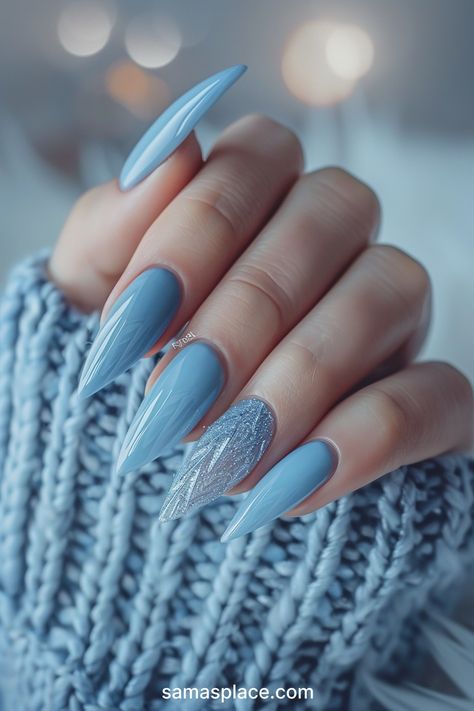 37+ Basic Winter Nails Art ideas and Designs Pretty Blue Nail Designs, Nail Designs For Winter 2024, Ice Blue And Silver Nails, Winter Pointy Nails, Christmas Nails Swirls, Blue New Year Nails, December Nail Ideas Blue, Frosted Nails Winter, Nail Ideas Winter Simple