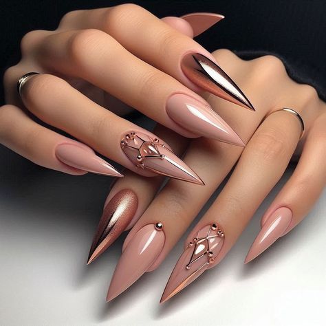 uñas de gel Winter Pointy Nails, End Of Year Nails, Fall Nail Designs Stiletto, Pretty Stiletto Nails, Coffin Ballerina Nails, Nude Nail Ideas, Vanessa Nails, Luxe Nails, Nail Extensions Acrylic